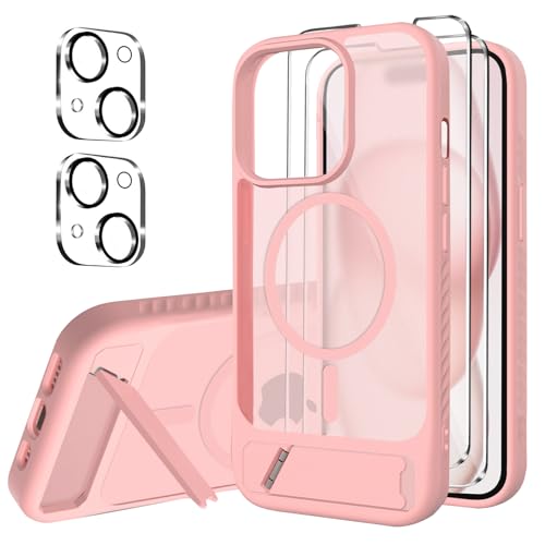 jrester Funda Magnética para iPhone 15 con Soporte, Funda Protectora de TPU Mate con Magnética, Incluye 2 Protector Pantalla + 2 Protector Cámara para iPhone 15 - Rose