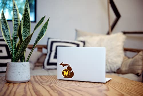 Image of Western Michigan University WMU Broncos Block W Circle Over State of Michigan Brown and Gold Weatherproof Vinyl Sticker Car Decal from Nudge Printing