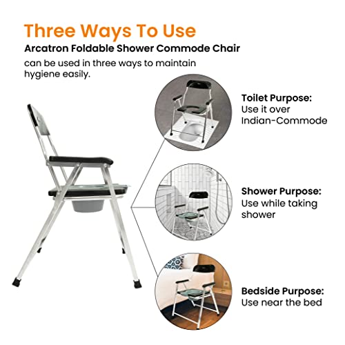 Image of ARCATRON by Frido | Foldable Anti-Slip Shower Commode Chair for Toilet with Stainless Steel Frame, Sturdy, 120Kg Capacity, Suitable for Elderly, Pregnant Women, Made in India. (Wide - 23 Inches)