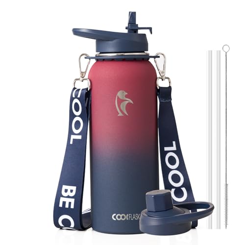 Image of Coolflask 40 oz Water Bottle Insulated Stainless Steel with Strap