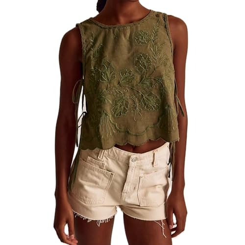 Tie Front Tops for Women Sleeveless V Neck Floral Embroidered Tank Y2k Sexy Cute Going Out Crop Vest Shirt