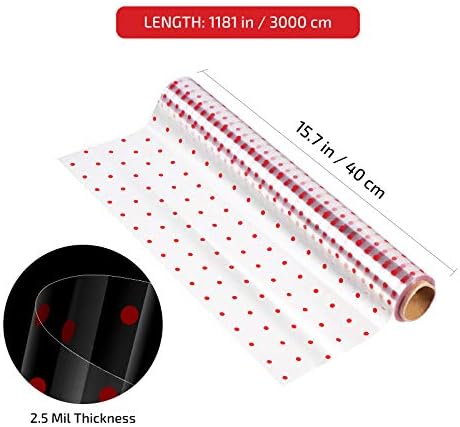 STOBOK Cellophane Wrap Roll | Red Polk Dot Gift Wrappings Paper 40CM x 30M,2.5 Mil Thicken Transparent Long Film Gift Wrappings Packing Paper for Hampers Flowers Craft Basket Food