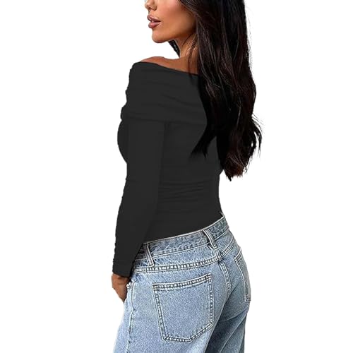 Camiseta de Manga Larga T-Shirt Mujeres Hombros Descubiertos Sexy Monocolor Asimmetrica Informal Camiseta Ajustada Moda Casual Streetwear HS