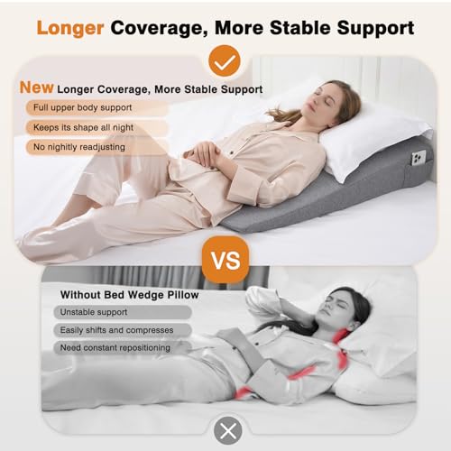 Image of Vekkia 34 inch Extra-Long Wedge Pillow, Back & Arm Support, Bed Wedge Pillow for Sleeping After Surgery, Acid Reflux, Snoring Relief, Removable Washable Cover & Double Side Pockets, 5.5 inch Height, Gray