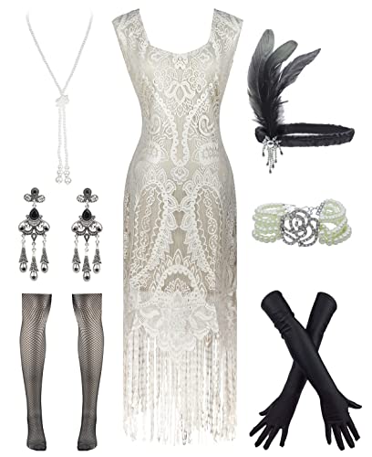 Image of Women 1920s Gatsby Flapper Dress Sexy Open Back Strap Fringed Cocktail Party Dress with 20s Accessories