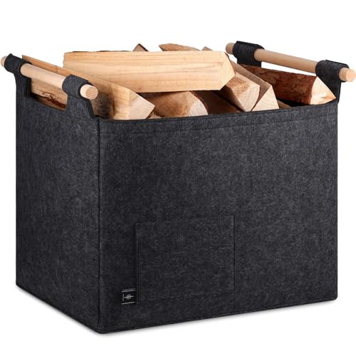 BONTHEE Cesta de fieltro para leña de chimenea, bolsa de fieltro, cesta para leña de chimenea, almacenamiento interior, bolsa de madera para leña con asas de madera, color gris oscuro