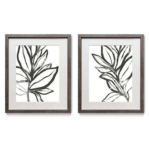 Renditions Gallery Leaf Instinct II Framed Artwork Set, Peaceful Botanical Flower Art, Black and White, Big Leaves, Distressed Silver Frame, White Mat & Plexiglass, 16 In W X 20 In H, Made in America