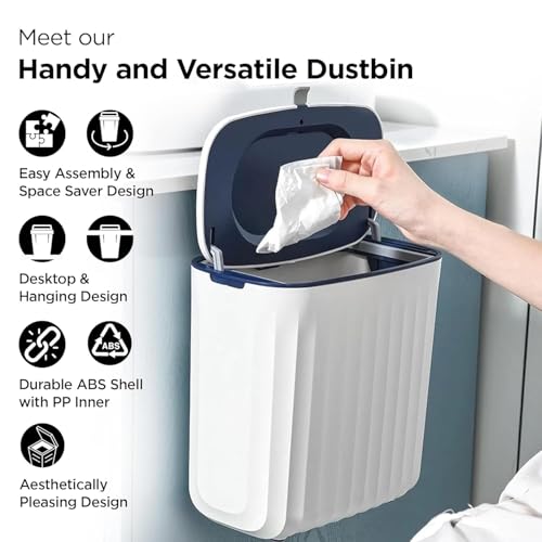 Image of Kuber Industries Plastic 8L Hanging Kitchen Trash Can With Lid | Wall Mounted Dustbin For Bathroom | Kitchen Cabinet Door Hanging Storage Bucket | Garbage Bin for Toilet