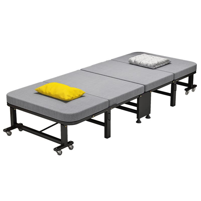 Folding Bed, Heavy Duty Metal Build Rollaway Bed with 8 swivel casters，Strong Sturdy Frame, Four-fold design saves space for Home and Office，Upgraded Comfortable Cotton Linen - Black Frame