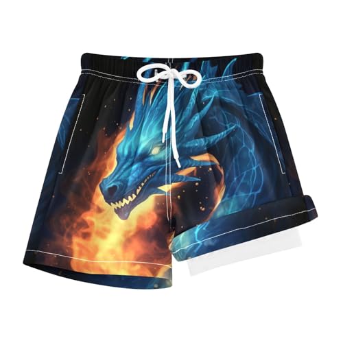 Fire Dragon Blue Boys Swim Trunks with Compression Liner Quick Dry Bathing Bottom Kids Beach Shorts