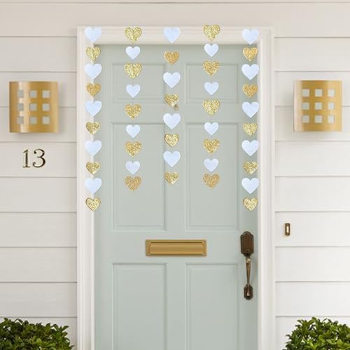 Image of Gold and White Heart Decorations Double Sided Sequin 3D Heart Hanging Wall Art Ornament Garland for Nursery Classroom Bedroom Valentines Day Holiday Christmas Weeding Anniversary Home Wall Decor
