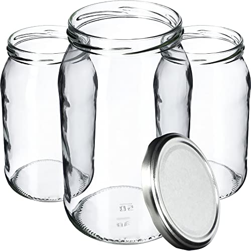 KADAX Lot de 8 bocaux en verre à insérer avec couvercle à visser - 900 ml - Peuvent être utilisés comme pots de confiture, de provisions, de conserve - Argenté