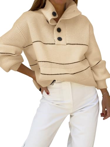 Image of chouyatou Women's Slouchy Waffle Knit Sweater 1 /2 Button Polo Collared Pullover Striped Sweater Tops