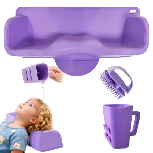 Silicone Portable Hair Washing Station for Kids Toddlers and Elderly Shampoo Basin/Bathtub Shampoo Basins Attached Shampoo Brush and Bath Rinse Cup Neck Support Shampoo Bowl for Sink at Home (Purple)