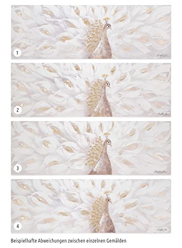 KunstLoft Leinwandbild | 100% HANDGEMALT | 150x50cm | Gemälde 'Legendary' | Pfau | Beige | Wandbild Wohnzimmer