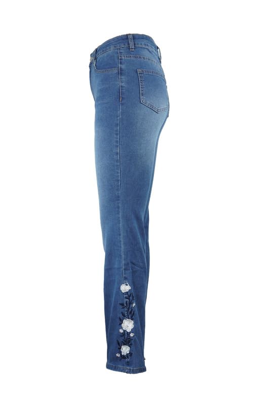 Women's Flare Jeans High Rise Floral Embroidery Mid Waist High Stretchy Bootcut Slim Wide Leg Denim Pants