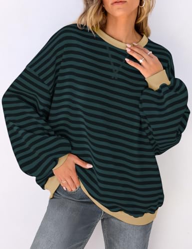 Image of UEU Women Oversized Striped Crewneck Sweatshirt Long Sleeve Color Block Pullover Tops Casual Loose Workout Shirt