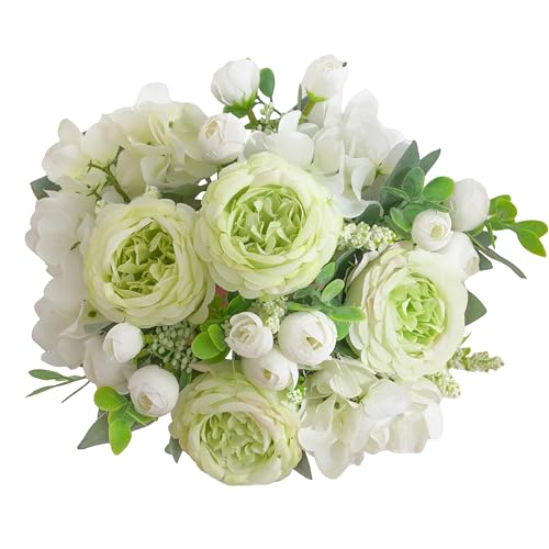 2 Bunches Green Peony Artificial Flowers for Decoration Faux Rose Fake Bouquet Silk Arrangements Table Centerpiece for Vase Cake Topper Bridal Baby Shower (2, Green White)