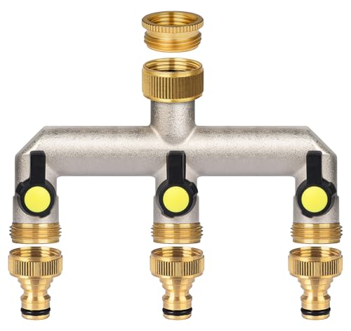 ilauke Brass Hose Splitter 3 Way, 3/4 Tap Garden Hose Splitter Outdoor Tap Water Distributor with 3 Individual Valves and 1/2 Tap Connector Adapter for Home, Yard, Washing Machine, Garden Hoses