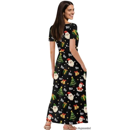 Image of Women's Fall Summer Short Sleeve Ankle Length V-Neck Party Dress with Pockets Size S-3XL