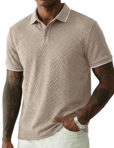 Image of JMIERR Mens Casual Polo Shirt Short Sleeve Vacation Button Summer Beach Knit Stretchy Golf Shirts