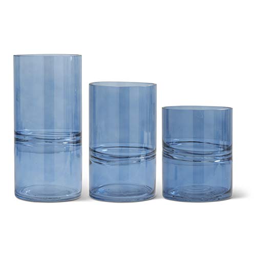 K&K Interiors 16361B Set of 3 Blue Glass Cylinder Vases with Inlayed Strips