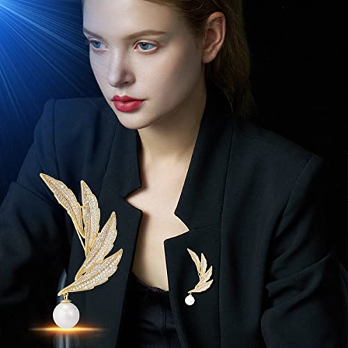 Image of Leaf Leaves Brooch Pin Rhinestone Austrian Crystal Pearl Brooches 18k Gold Plated Lapel Pin Dress Accessories Birthday Graduation Jewelry Gift for Women Men