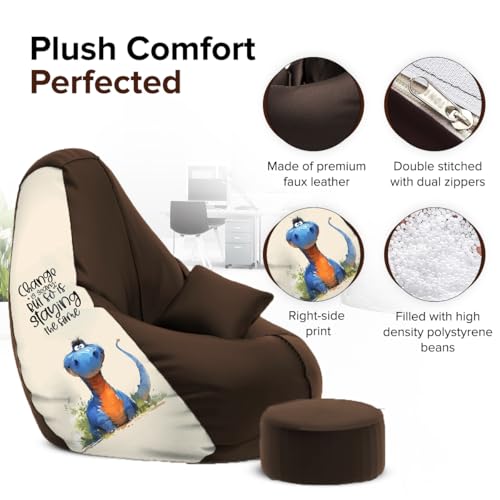 Image of Amazon Brand - Solimo 4XL Premium Faux Leather Bean Bag Combo with Footrest & Cushion, Filled with Beans | Capacity: Upto 6 Ft 5 in Height, 125 KG Weight | Bean Bag with Beans | Change is Scary Print