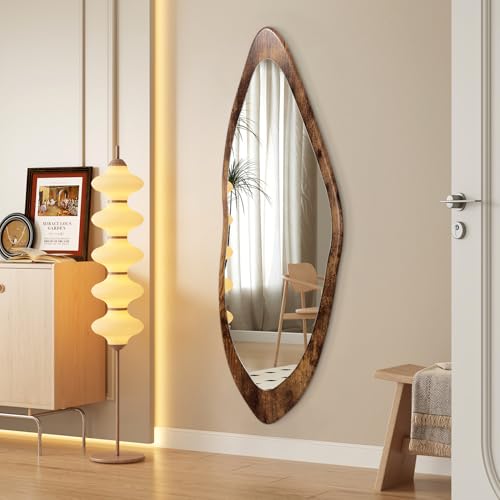 Image of AAZZKANG Large Asymmetrical Mirror Wood Framed Full Length Wall Mirrors | Irregular Bedroom Living Room Entryway Dressing Room Hanging Mirror 47 inchx16 inch
