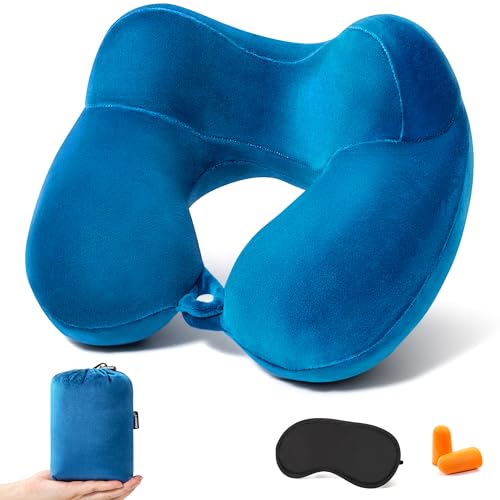 Anmerl Inflatable Travel Pillow Soft Velvet Portable Neck Pillow with Storage Bag for Airplane Train Car Office