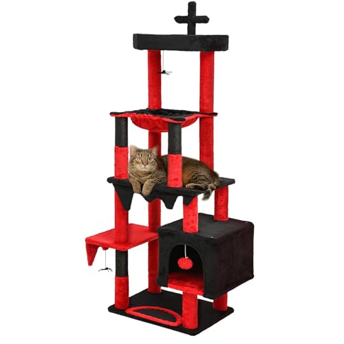 BYBYME Gothic Cat Tree for Halloween, 66in Tall Sturdy Furniture Set with Bed House, Hanging Toy, Scratching Board Sisal-Covered Posts, Multifunctional Cat Play Tower with Hammock(Black Red)
