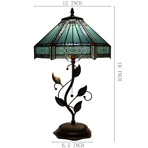 Image of Tiffany Table Lamp, Stained Glass Desk Light, W12H19 Inch, Metal Leaf Base (Mission Style)
