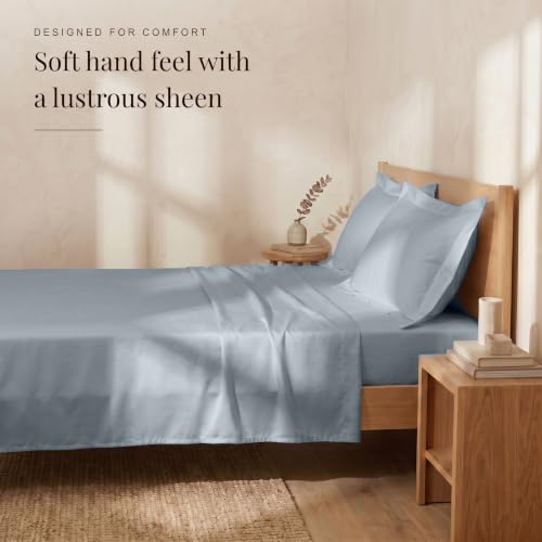 Image of Huesland 300 TC Premium 100% Pure Cotton Luxe Soft Touch Fitted King Size Bedsheet Cotton with 2 Pillow Covers | Greyish Blue | 72 x 78 Inches