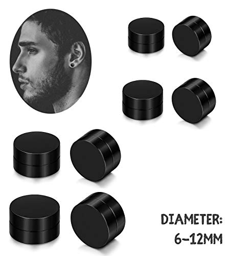 LOLIAS 4 Pairs 6-12mm Black Stainless Steel Magnetic Fake Gauges Earring Studs for Men Women Non Pierced Earrings3