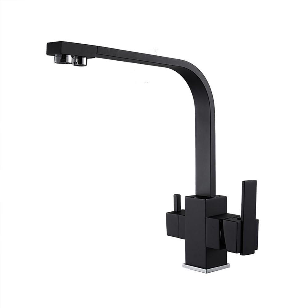 BHFPFZA High Arc 3-Way Water Filter Kitchen Tap - Brass 360° Swivel Mixer Faucet with Dual Lever Single Hole Design for Drinking Water Commercial SLE Black h