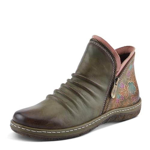 Spring Step L’Artiste Chesapeake Women’s Floral Bootie – Hand-Painted Leather Burnished Design – Bohemian Ruched Front, Flexible Sole, Inside Zipper Boots