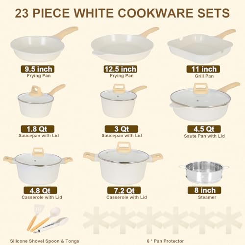 Romswi 23pcs Pots and Pans Set Non Stick, Kitchen Cookware Set with Casserole, Frying & Saucepans, Oven Safe & Stovetop Agnostic Non Toxic Cookware(Gas, Electric & Induction) - White