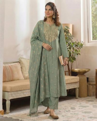Image of ANNI Designer Women's Viscose Straight Printed Embroidery Kurta with Pant & Dupatta | Long Sleeve Ethnic Kurta Set for Women | Casual Office, Daily, Party Outfits