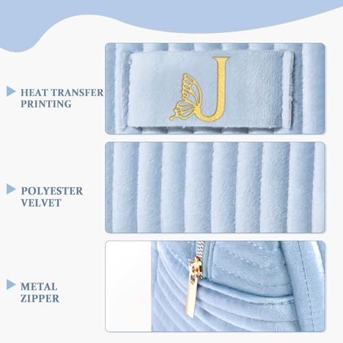 Image of COSHAYSOO Travel Makeup Bag Quilted Make Up Pouch Initial Cosmetic Case with Butterfly Decorations for Women Compact Mirror Traveling Size Beauty Tools Accessories Organizer Blue Velvet Letter J