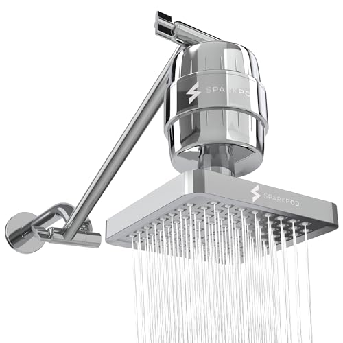 Image of SparkPod 6 inch High Pressure Rain Shower Head with 23 Stage Filter Capsule & 11 Inch Adjustable Shower Arm Extension -Shower Filter Reduces Chlorine for Smoother Hair & Skin (Square, Polished Chrome) | Showerhead for Hard Water, High Pressure Shower Head, Adjustable Showerhead, Universal Connection, Gain Space & Style