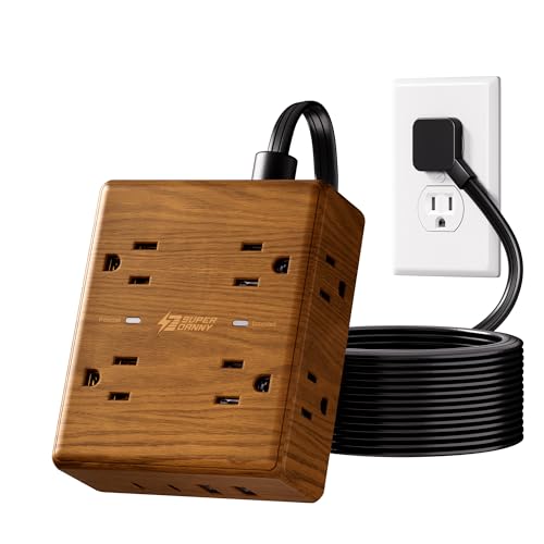 Brown Extension Cord 10Ft Flat Plug Power Strip Surge Protector 8 Outlets & 4 USB Ports (2 USB C) Desktop Charging Station Hidden Behind Furniture Decorative Office Desk Accessories (Walnut Wood)