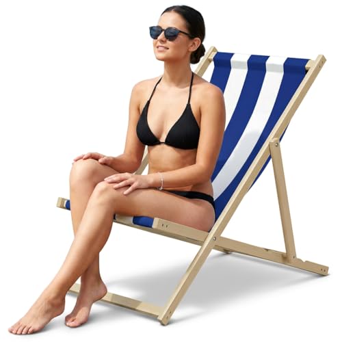 Oxford Fabric Blue Stripe Sun Lounger - Traditional Wooden Folding Deck Chair - Adults Garden & Seaside