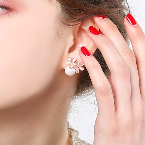 Jewelryland Soft Pink Cat Eye Stones Flower White Simulate Pearl Clip-On Cluster Earrings #TOP4
