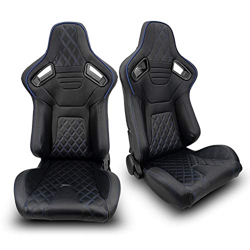ModifyStreet 1 Pair Universal PVC LEATHER/BLUE STRIP/WHITE STITCH LEFT/RIGHT RACING BUCKET SEATS