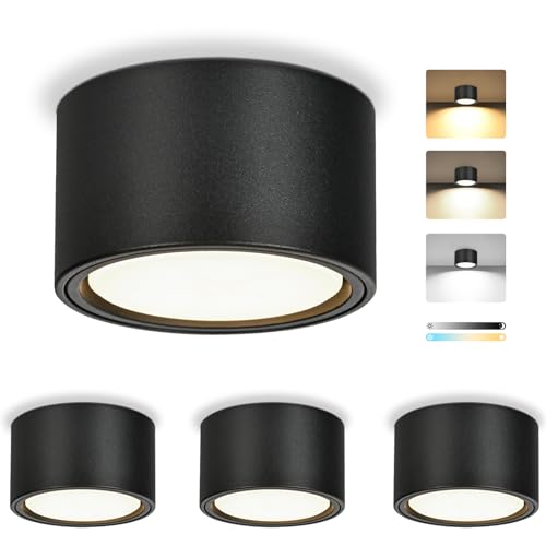 KYOTECH Focos LED de Superficie Regulables, Focos de Techo Ø95x55mm Negros, Incluye Módulo LED 7W 800LM GX53 230V, 2700K/4000K/6500K Lampara Techo, Aluminio Focos Interior para Dormitorio, 4 Piezas