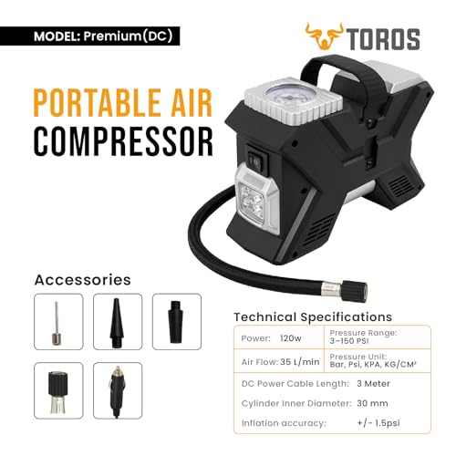 Image of TOROS Premium Heavy-Duty Tyre Inflator /Air Compressor,120 Watts, Copper Armature, Metal Cylinder, 35 Liters Per Minute, 12V Dc, 150 Psi 15 Months Warranty (PREMIUM)