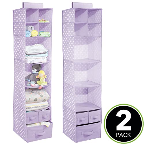 Mdesign Soft Fabric Over Closet Rod Hanging Storage Organizer With 7 Shelves And 3 Removable Drawers For Child/Kids Room Or Nursery - Polka Dot Pattern - 2 Pack - Light Purple/White Polka Dots #TOP3