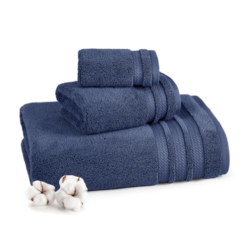 Image of MYTRIDENT Finesse 3 Piece Towel Set (1 Pc Bath Towel, 1 Pc Hand Towel, 1 Pc Face Towel), 625 GSM, Zero-Twist, Luxuriously Soft, 100% Cotton, Navy