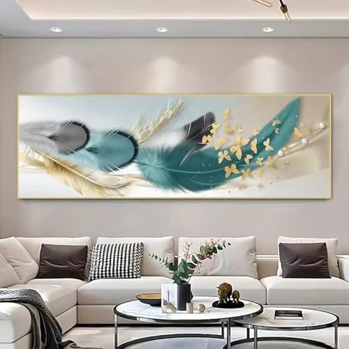 Tableau plumes dorées abstrait, art mural vertical 30x90 cm