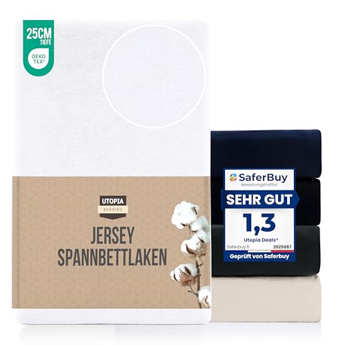 Utopia Bedding Jersey Spannbettlaken, Weiß, 180 x 200 cm – 25 cm, Bettlaken Baumwollmischung, Oeko-Tex Zertifiziertes, Zuschnitte für Dicke Matratzen
